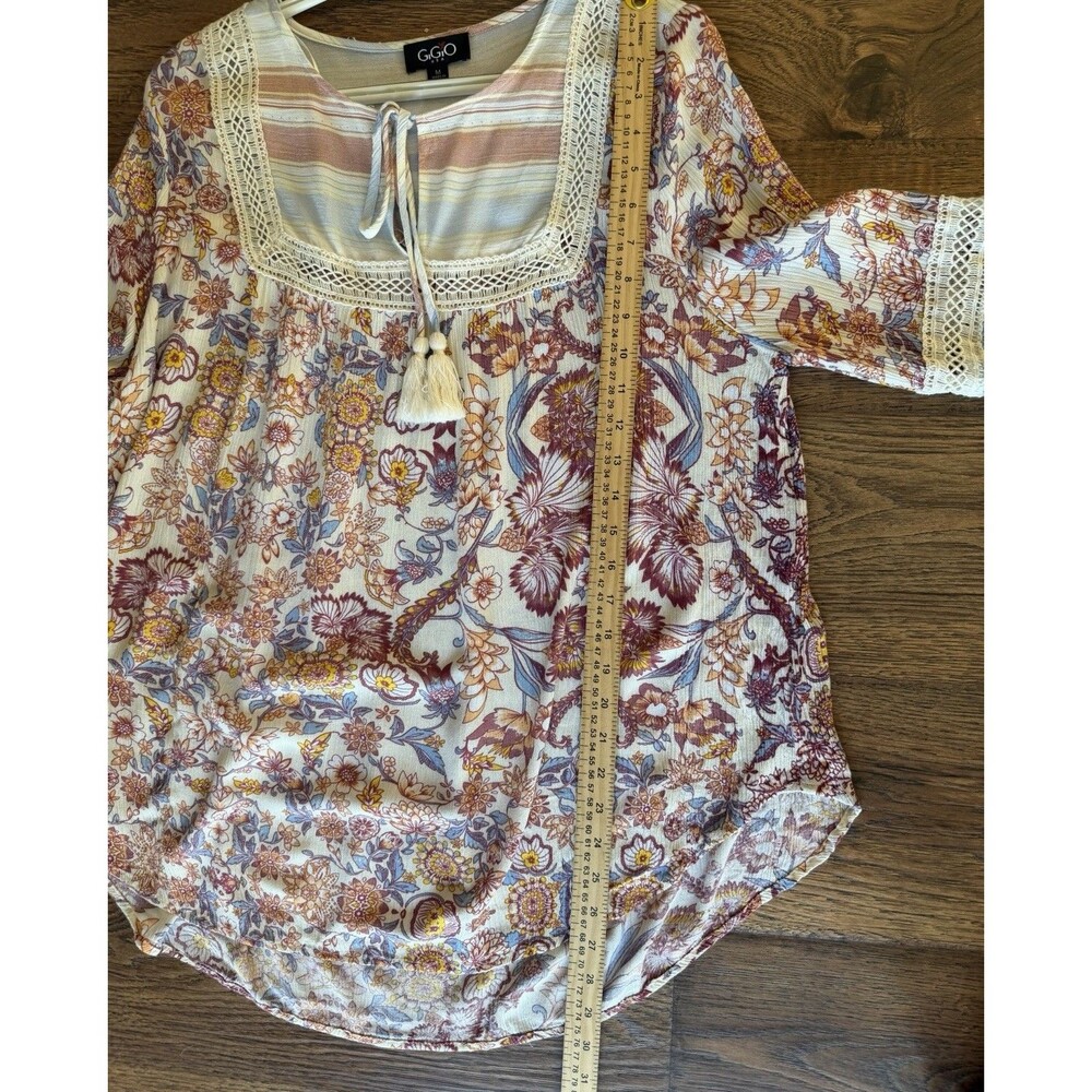 GiGiO USA Women M Floral Stripe Crochet Lace Tassel Boho Tunic Blouse Rayon - Picture 8 of 8